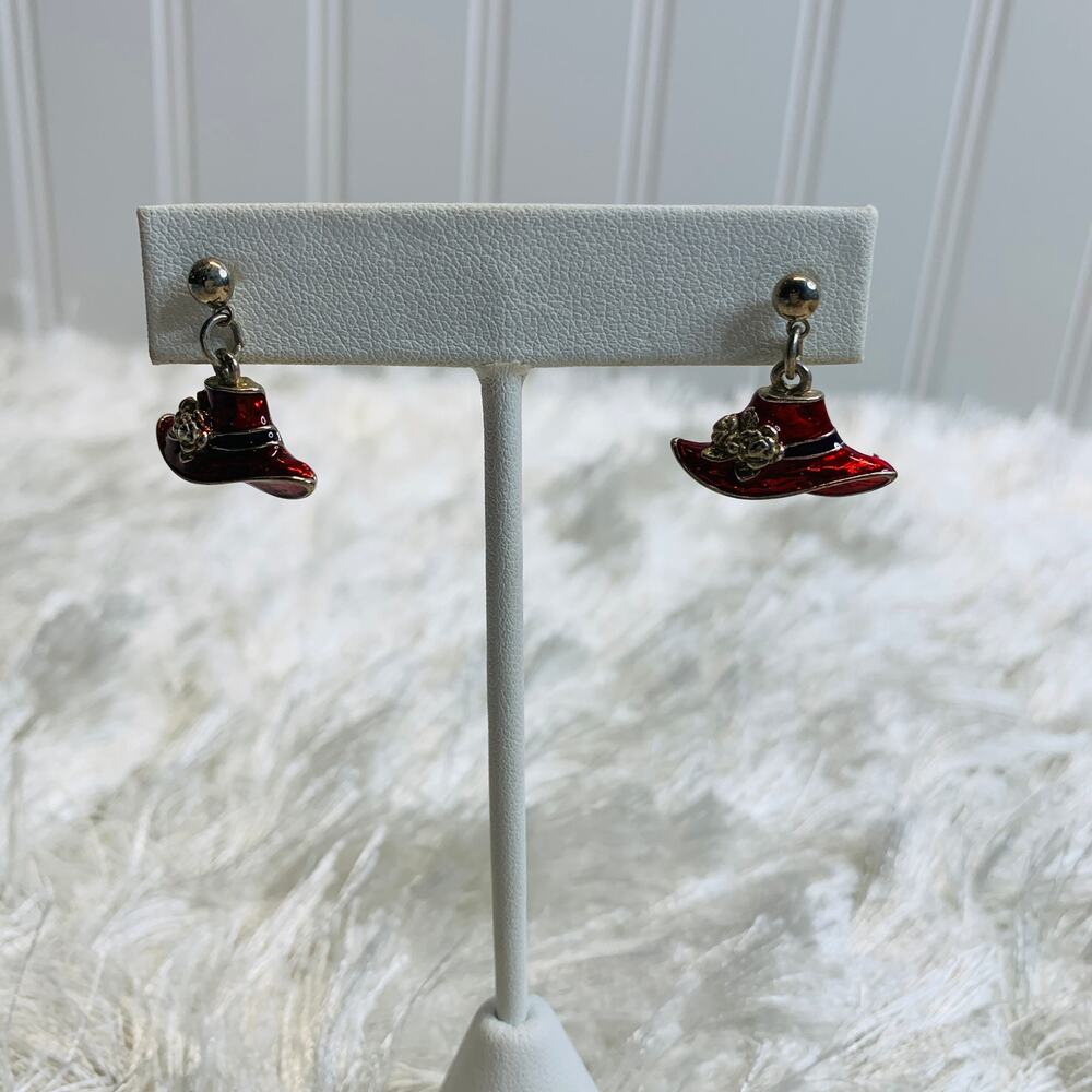 Dangle Earrings Red Hat Society Flowers 3/4" Long